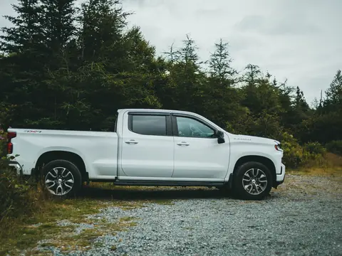 A white pickup parked by pine trees